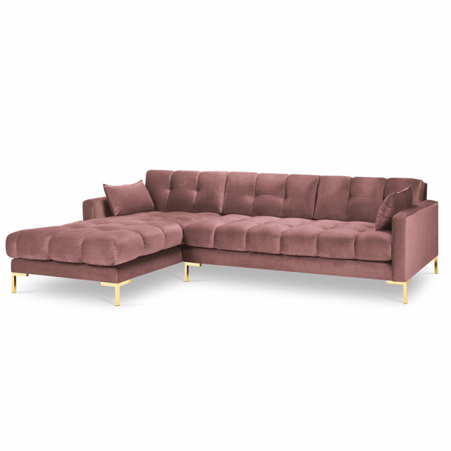 Canapea cu colt roz/aurie din catifea si lemn de pin pentru 5 persoane Mamaia Left Besolux