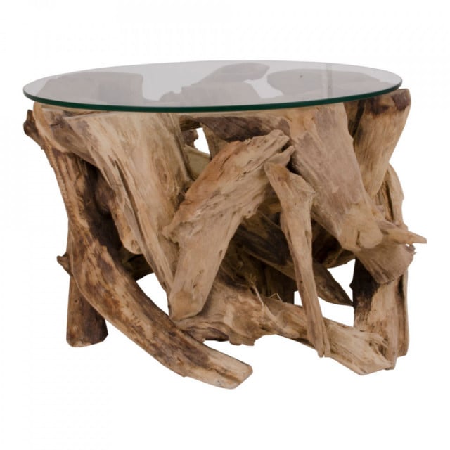 Masa laterala maro din sticla si lemn de tec 60 cm Grand Canyon House Nordic