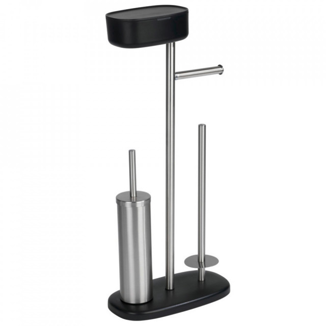 Perie toaleta cu suport hartie igienica argintie/neagra din metal Rivazza Wenko