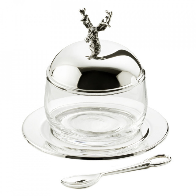 Recipient cu farfurioara si lingurita transparent/argintiu din sticla si metal 11x13 cm Deer Edzard