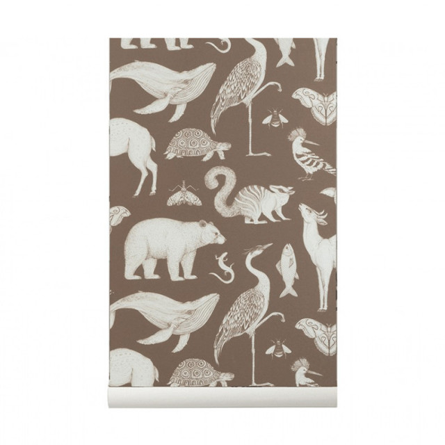 Rola tapet pentru copii maro din hartie 53x1000 cm Katie Scott Animal Ferm Living