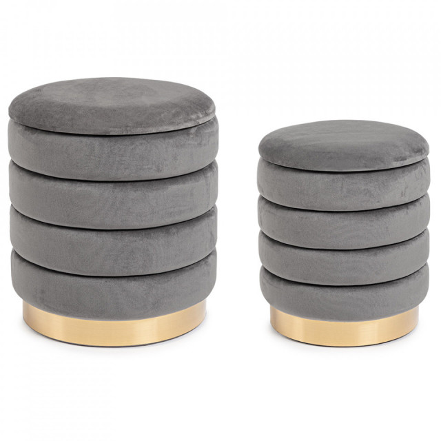 Set 2 taburete rotunzi gri/aurii din catifea Darina Bizzotto
