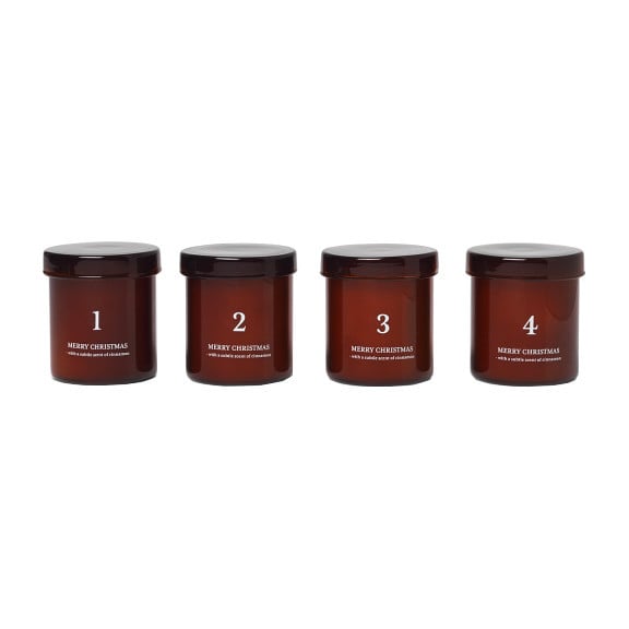 Set 4 lumanari parfumate din sticla si ceara 6 cm Advent Red Brown Ferm Living