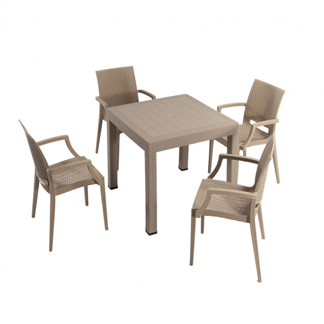 Set 4 scaune si masa dining maro cappuccino din plastic Takimi Lux The Home Collection