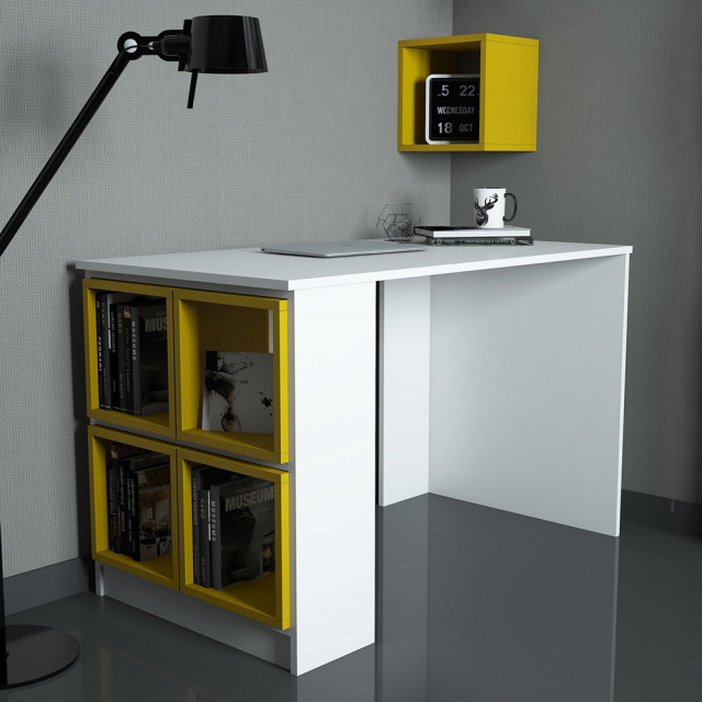 Set birou cu raft alb/galben din lemn Box The Home Collection