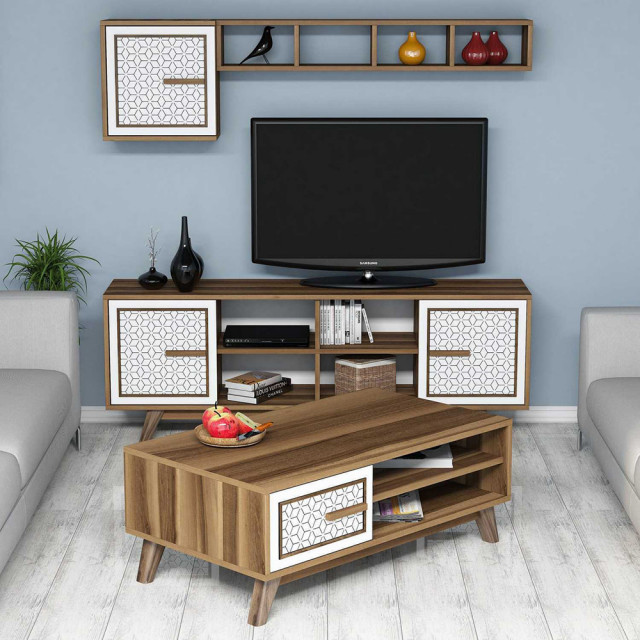 Set comoda TV, raft, dulap si masa de cafea maro/alb din lemn Ayla The Home Collection