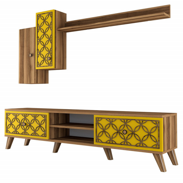 Set comoda TV, raft si dulapuri maro/galben din lemn Class S The Home Collection