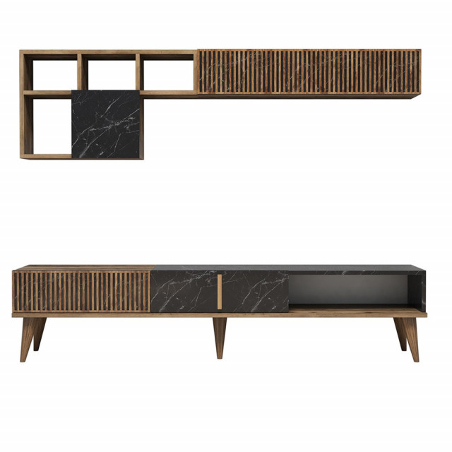 Set comoda TV si 2 rafturi maro/negru din lemn Milan The Home Collection