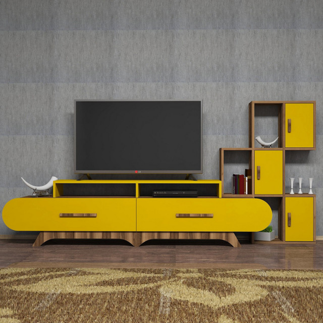 Set comoda TV si raft galben/maro din lemn Flora The Home Collection