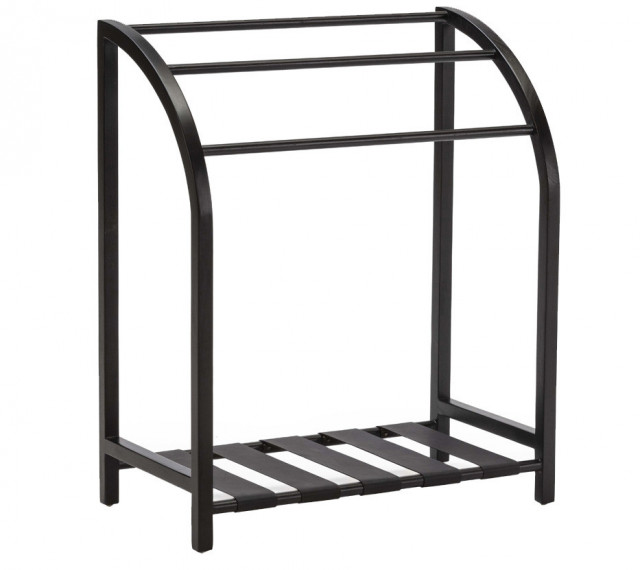 Suport prosoape negru din lemn de tec si piele 76 cm Tulum Thai Natura