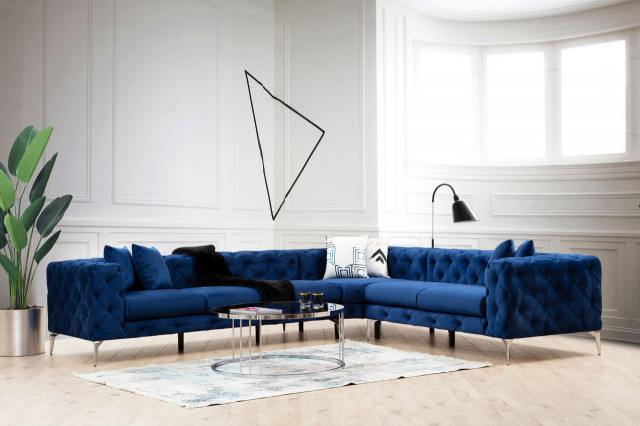 Canapea cu colt albastru navy din textil pentru 4 persoane Como Right The Home Collection
