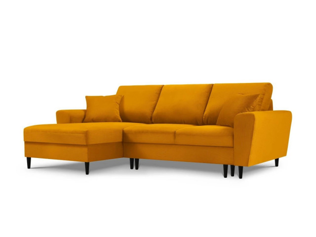 Canapea cu colt extensibila galben din catifea si lemn de pin pentru 4 persoane Left Moghan Besolux