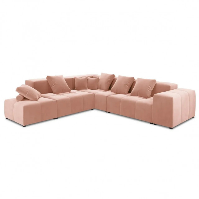 Canapea cu colt roz din catifea si lemn de pin pentru 7 persoane Margo Besolux