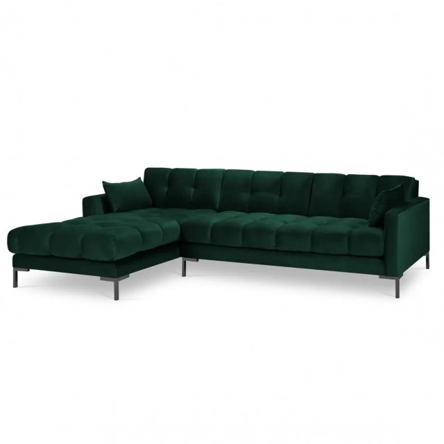 Canapea cu colt verde inchis/neagra din textil si metal pentru 5 persoane Maraia Left Besolux