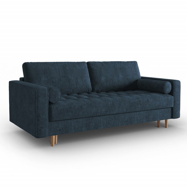 Canapea extensibila albastru inchis/maro din textil si lemn de pin pentru 3 persoane Gobi Besolux