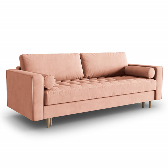 Canapea extensibila roz din catifea si lemn de pin pentru 3 persoane Gobi Besolux