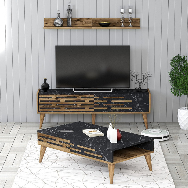 Comoda TV, masa de cafea si raft maro inchis/negru din lemn Valensiya Marble The Home Collection