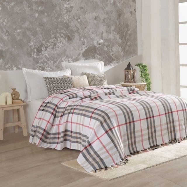Cuvertura bej/rosie din bumbac 200x220 cm Alcon Double The Home Collection