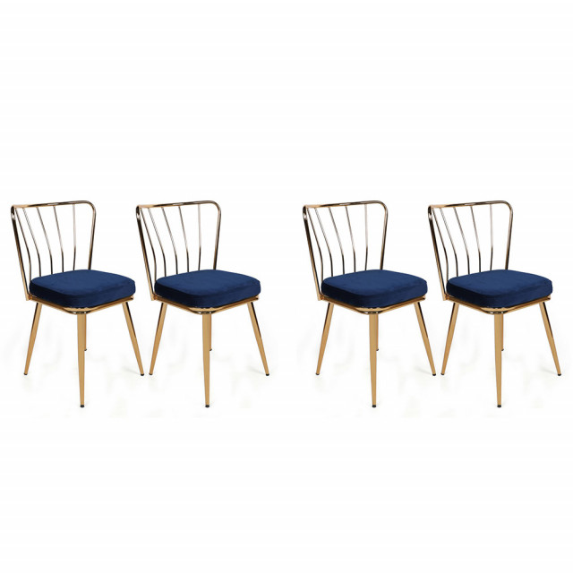 Set 4 scaune dining albastru inchis/auriu din catifea Yildiz The Home Collection