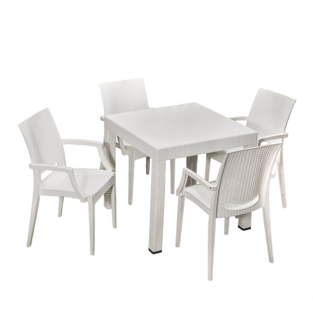 Set 4 scaune si masa dining alb din plastic Takimi Lux The Home Collection