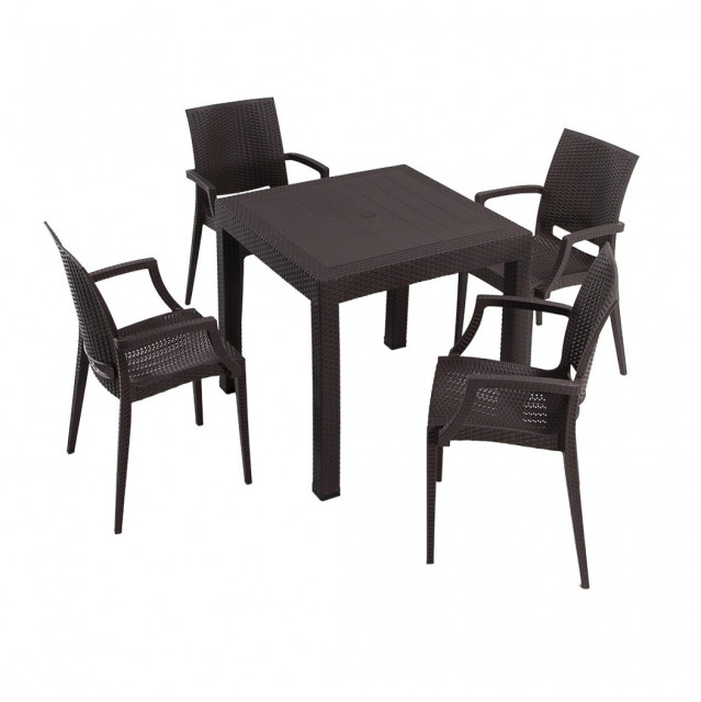 Set 4 scaune si masa dining maro din plastic Takimi Lux The Home Collection