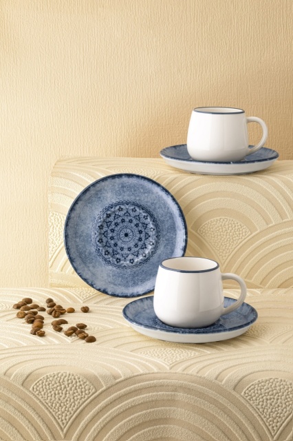 Set 6 cesti cu farfurioara albe/albastre din ceramica 90 ml Egad The Home Collection