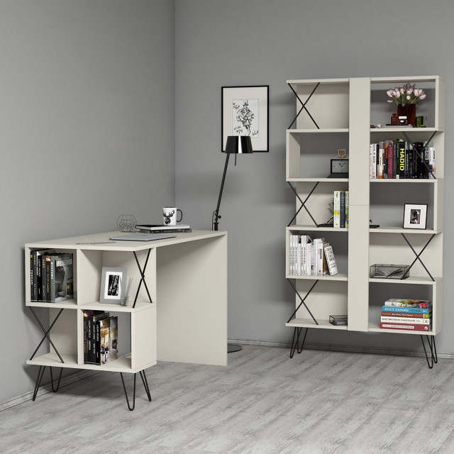 Set birou cu etajera crem/negru din lemn Extra The Home Collection