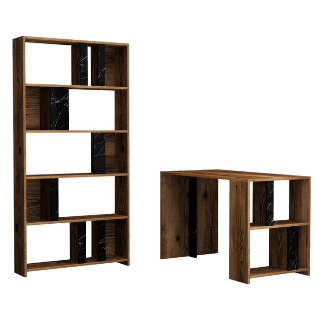 Set birou cu etajera maro/negru din lemn Lima Marble The Home Collection