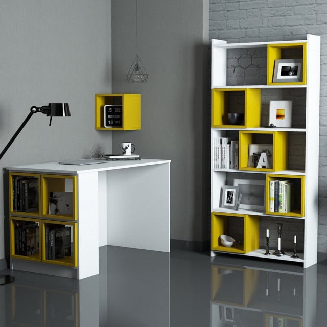 Set birou cu raft si etajera alb/galben din lemn Box The Home Collection