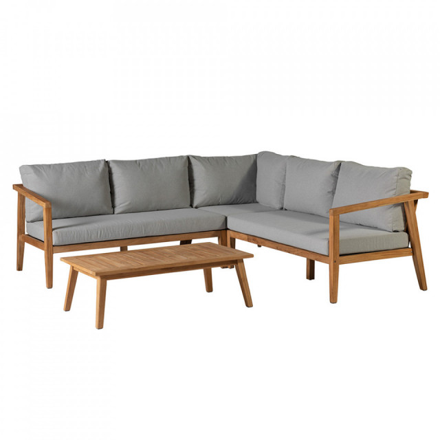 Set canapea cu colt si masuta pentru exterior gri/maro din lemn de tec Lucca Exotan