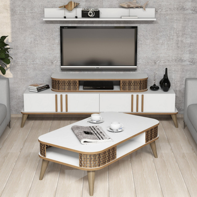 Set comoda TV, 2 rafturi si masa de cafea albe din lemn Eylul The Home Collection