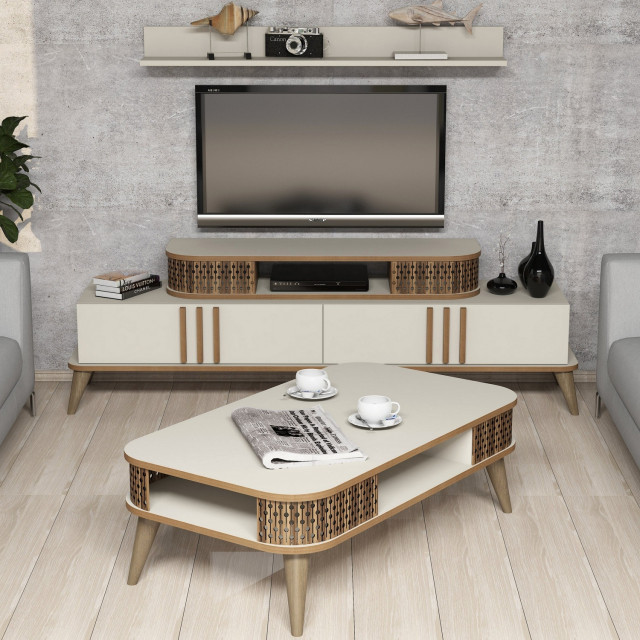 Set comoda TV, 2 rafturi si masa de cafea crem din lemn Eylul The Home Collection