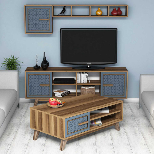 Set comoda TV, raft, dulap si masa de cafea maro/albastru din lemn Ayla The Home Collection