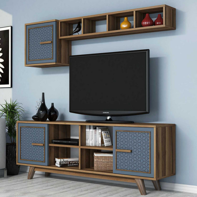 Set comoda TV, raft si dulap maro/albastru din lemn Ayla The Home Collection