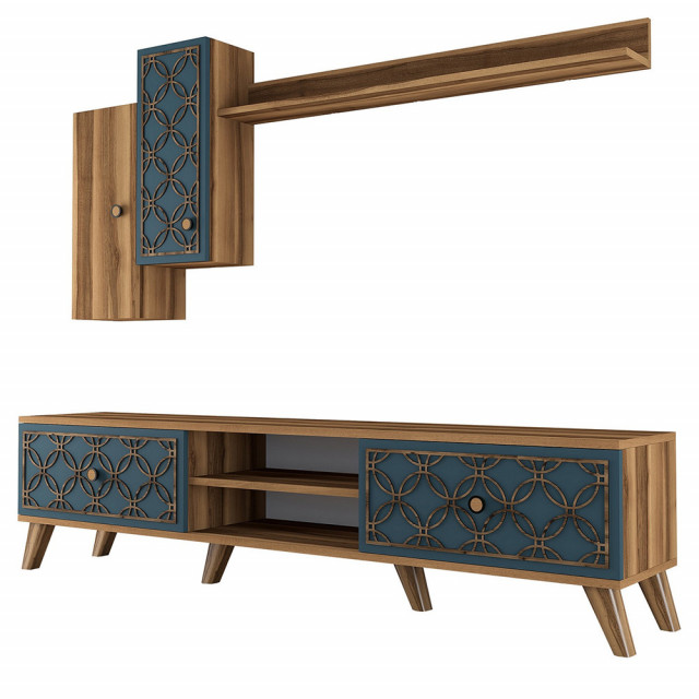 Set comoda TV, raft si dulapuri maro/albastre din lemn Class S The Home Collection