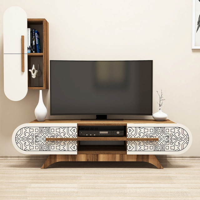 Set comoda TV si raft crem/maro din lemn Defne The Home Collection