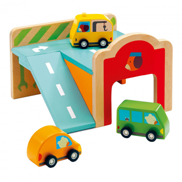 Set de joaca 4 piese multicolor din lemn Mini Garage Djeco