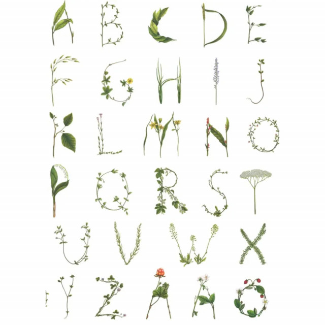 Tapet alb/verde din hartie cu fibre de nailon Floral Alphabet Mini Swedish Rebel Walls