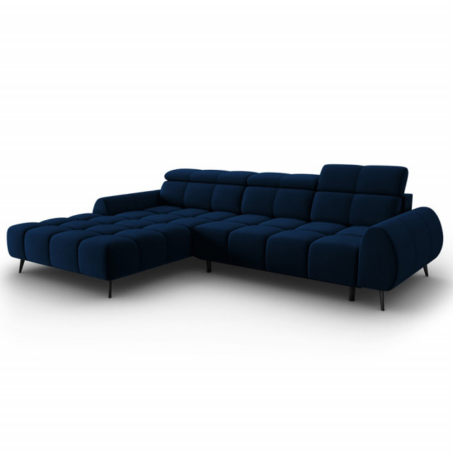 Canapea cu colt extensibila albastru royal/neagra din catifea si lemn de pin pentru 5 persoane Alyse Left Besolux