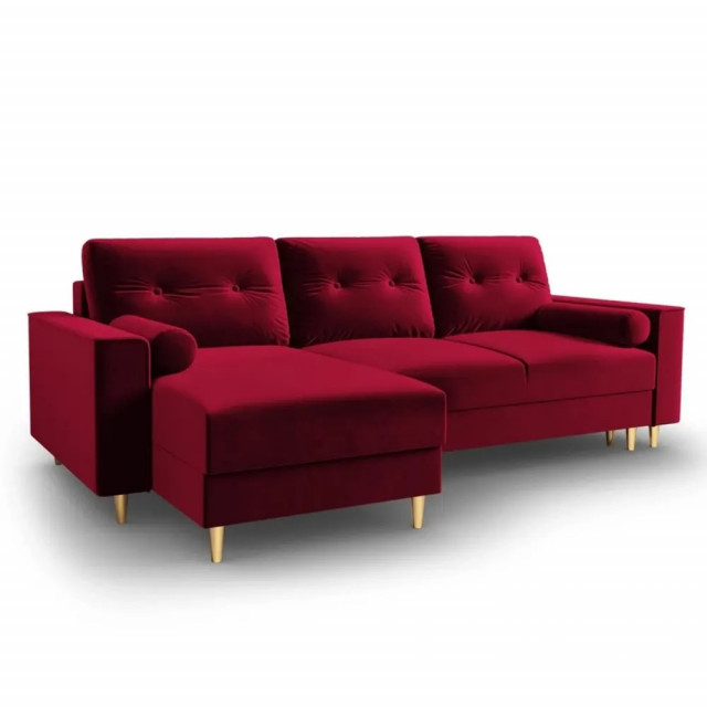 Canapea cu colt extensibila rosie/aurie din catifea si lemn de pin pentru 4 persoane Leona Besolux