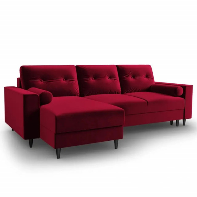 Canapea cu colt extensibila rosie/neagra din catifea si lemn de pin pentru 4 persoane Leona Besolux