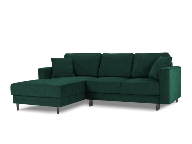 Canapea cu colt extensibila verde inchis/negru din textil si lemn de pin pentru 4 persoane Left Dunas Besolux