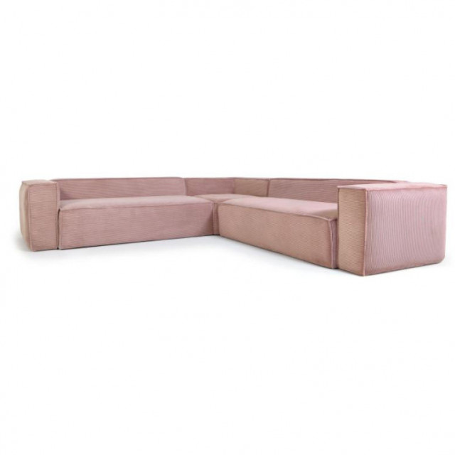 Canapea cu colt roz din lemn si material textil pentru 6 persoane Blok Corduroy Kave Home