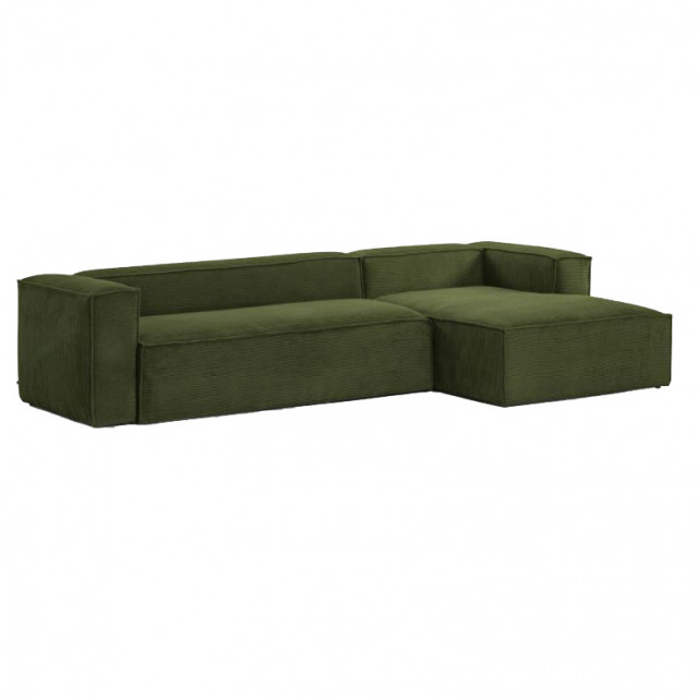 Canapea cu colt verde din material textil si lemn pentru 3 persoane Blok Corduroy Right Kave Home