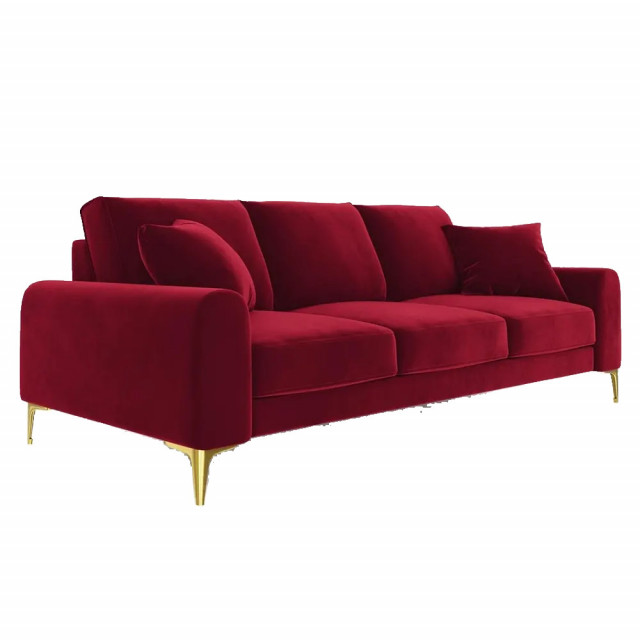 Canapea rosie din catifea si lemn de pin pentru 4 persoane Larnite Besolux