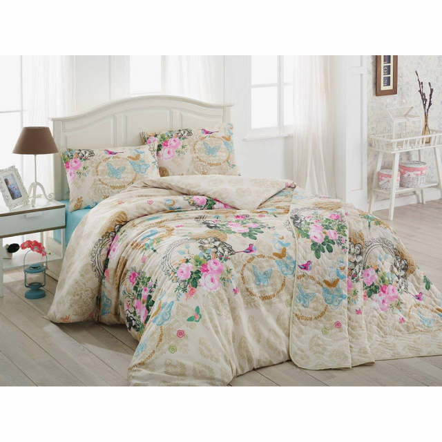 Lenjerie pat bej/multicolora din bumbac Angel Single The Home Collection