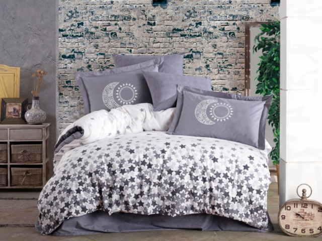 Lenjerie pat gri/alba din bumbac Star Double The Home Collection