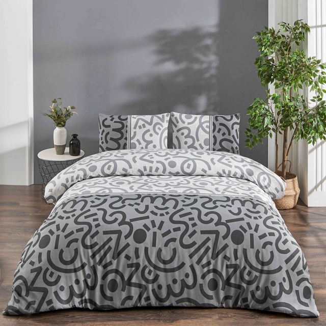 Lenjerie pat gri/neagra din bumbac Doodle Fitted The Home Collection