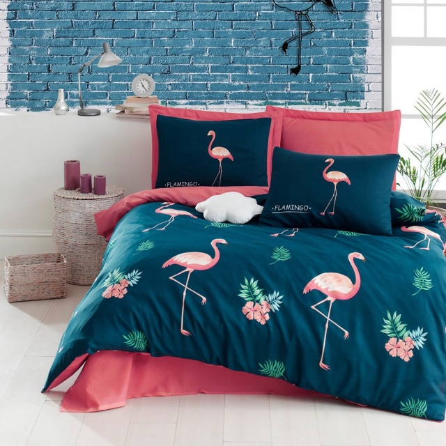 Lenjerie pat multicolora din bumbac Big Flamingo Double The Home Collection