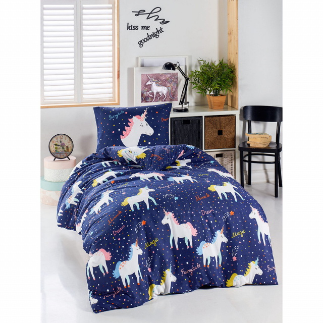 Lenjerie pat multicolora din bumbac Magic Unicorn Avi Single The Home Collection